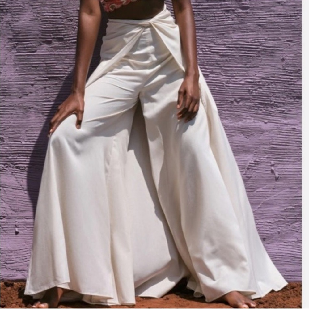 Andrea Iyamah Women's Cream Cotton Wide-Leg Tie Front Palazzo Pants Sz S NEW